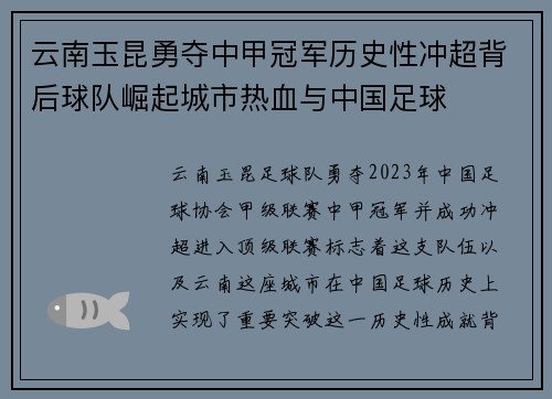 云南玉昆勇夺中甲冠军历史性冲超背后球队崛起城市热血与中国足球
