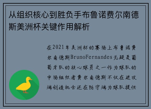 从组织核心到胜负手布鲁诺费尔南德斯美洲杯关键作用解析 从组织核心到胜负手布鲁诺费尔南德斯美洲杯关键作用解析