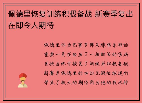 佩德里恢复训练积极备战 新赛季复出在即令人期待 佩德里恢复训练积极备战 新赛季复出在即令人期待