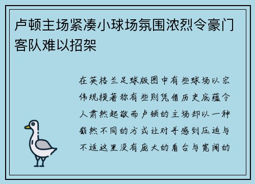 卢顿主场紧凑小球场氛围浓烈令豪门客队难以招架 卢顿主场紧凑小球场氛围浓烈令豪门客队难以招架